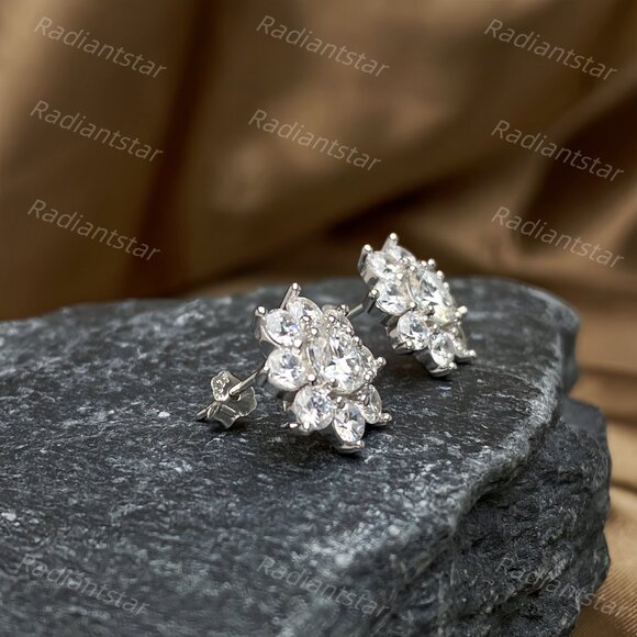 Custom Sunflower Round Moissanite Stud Earrings – MSBLUE Jewelry NEW Certified 1ct. t.w. Moissanite Sunflower Stud Earrings